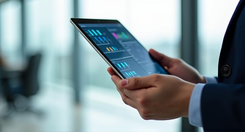 Close up of a tablet displaying complex financial data analysis with a blurred professional office background